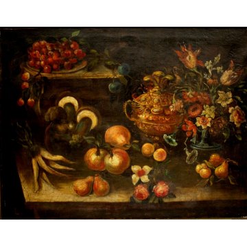ANTICO DIPINTO OLIO TELA NATURA MORTA VASO FIORI FRUTTA FUNGHI AUTORE 600/700