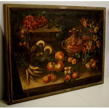ANTICO DIPINTO OLIO TELA NATURA MORTA VASO FIORI FRUTTA FUNGHI AUTORE 600/700