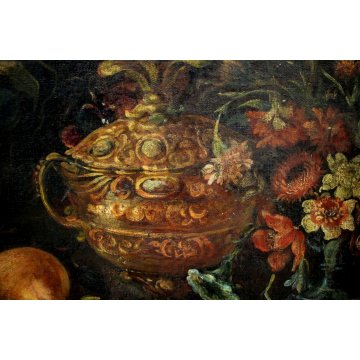 ANTICO DIPINTO OLIO TELA NATURA MORTA VASO FIORI FRUTTA FUNGHI AUTORE 600/700