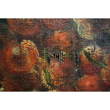 ANTICO DIPINTO OLIO TELA NATURA MORTA VASO FIORI FRUTTA FUNGHI AUTORE 600/700