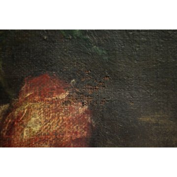 ANTICO DIPINTO OLIO TELA NATURA MORTA VASO FIORI FRUTTA FUNGHI AUTORE 600/700