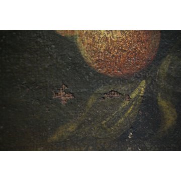 ANTICO DIPINTO OLIO TELA NATURA MORTA VASO FIORI FRUTTA FUNGHI AUTORE 600/700