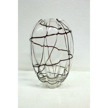  ANTICO VASO VETRO MURANO SOFFIATO TRASPARENTE COSTOLATO RETICOLATO NERO Nason