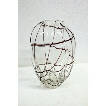  ANTICO VASO VETRO MURANO SOFFIATO TRASPARENTE COSTOLATO RETICOLATO NERO Nason