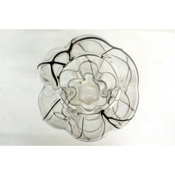  ANTICO VASO VETRO MURANO SOFFIATO TRASPARENTE COSTOLATO RETICOLATO NERO Nason