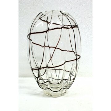  ANTICO VASO VETRO MURANO SOFFIATO TRASPARENTE COSTOLATO RETICOLATO NERO Nason