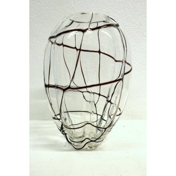  ANTICO VASO VETRO MURANO SOFFIATO TRASPARENTE COSTOLATO RETICOLATO NERO Nason