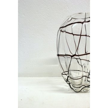  ANTICO VASO VETRO MURANO SOFFIATO TRASPARENTE COSTOLATO RETICOLATO NERO Nason