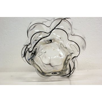  ANTICO VASO VETRO MURANO SOFFIATO TRASPARENTE COSTOLATO RETICOLATO NERO Nason