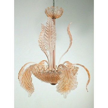ANTICO LAMPADARIO FOGLIE BAROVIER&TOSO VETRO MURANO ROSA  3 LUMI ANNI 40 LAMP 