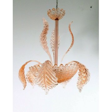 ANTICO LAMPADARIO FOGLIE BAROVIER&TOSO VETRO MURANO ROSA  3 LUMI ANNI 40 LAMP 