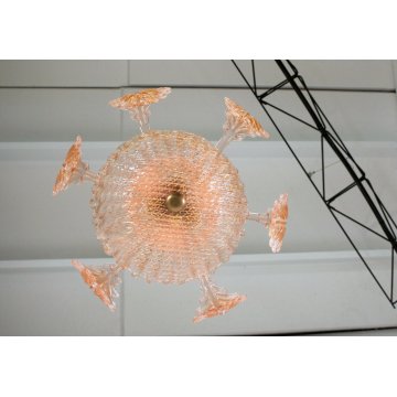 ANTICO LAMPADARIO FOGLIE BAROVIER&TOSO VETRO MURANO ROSA  3 LUMI ANNI 40 LAMP 