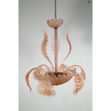 ANTICO LAMPADARIO FOGLIE BAROVIER&TOSO VETRO MURANO ROSA  3 LUMI ANNI 40 LAMP 