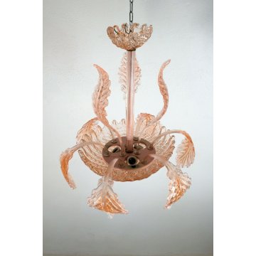 ANTICO LAMPADARIO FOGLIE BAROVIER&TOSO VETRO MURANO ROSA  3 LUMI ANNI 40 LAMP 