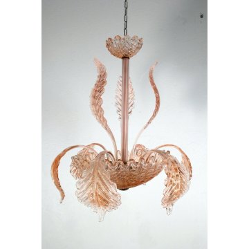 ANTICO LAMPADARIO FOGLIE BAROVIER&TOSO VETRO MURANO ROSA  3 LUMI ANNI 40 LAMP 