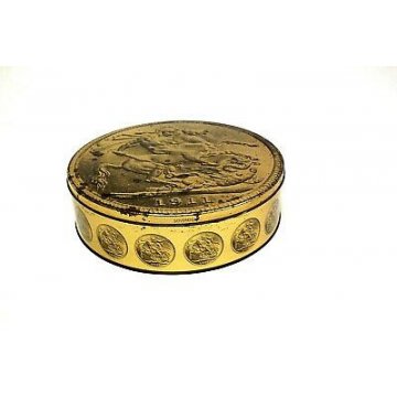 SCATOLA BISCOTTI LATTA STERLINA ORO ENGLAND METAL BISCUITS BOX diam. 25,5CM 50's