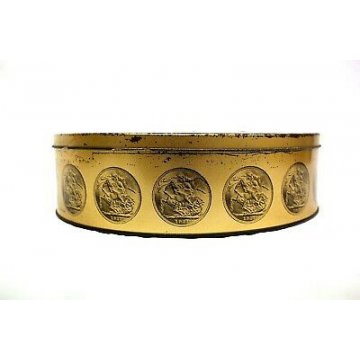 SCATOLA BISCOTTI LATTA STERLINA ORO ENGLAND METAL BISCUITS BOX diam. 25,5CM 50's