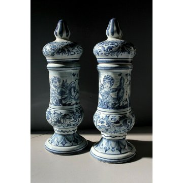 COPPIA ALBARELLO CERAMICA BIANCA ALBISOLA Lino DECORO BLU CLASSICO PUTTI '60  