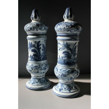 COPPIA ALBARELLO CERAMICA BIANCA ALBISOLA Lino DECORO BLU CLASSICO PUTTI '60  