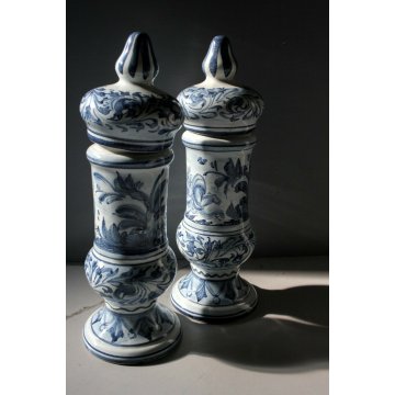 COPPIA ALBARELLO CERAMICA BIANCA ALBISOLA Lino DECORO BLU CLASSICO PUTTI '60  