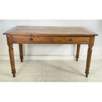 ANTICO TAVOLO PRANZO LEGNO ABETE 2 CASSETTI GAMBE TORNITE 1900 EPOCA SALA TABLE