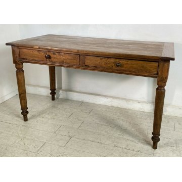 ANTICO TAVOLO PRANZO LEGNO ABETE 2 CASSETTI GAMBE TORNITE 1900 EPOCA SALA TABLE