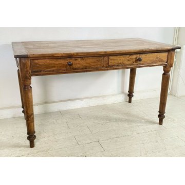 ANTICO TAVOLO PRANZO LEGNO ABETE 2 CASSETTI GAMBE TORNITE 1900 EPOCA SALA TABLE