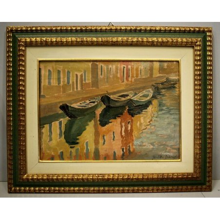 ANTICO QUADRO OLIO TELA Giulio D'Angelo PAESAGGIO MARINA BARCHE VENEZIA Burano 