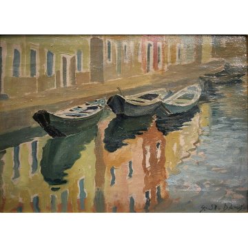 ANTICO QUADRO OLIO TELA Giulio D'Angelo PAESAGGIO MARINA BARCHE VENEZIA Burano 