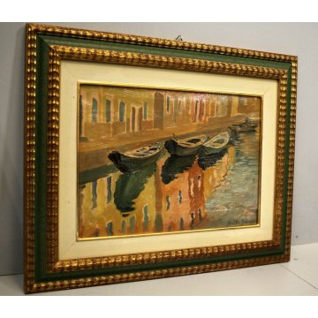 ANTICO QUADRO OLIO TELA Giulio D'Angelo PAESAGGIO MARINA BARCHE VENEZIA Burano 