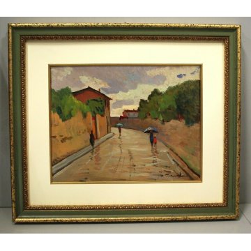 ANTICO QUADRO OLIO TAVOLA TOSCANA  TRAMONTO FIGURE PIOGGIA STRADA Pisa Livorno