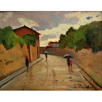 ANTICO QUADRO OLIO TAVOLA TOSCANA  TRAMONTO FIGURE PIOGGIA STRADA Pisa Livorno