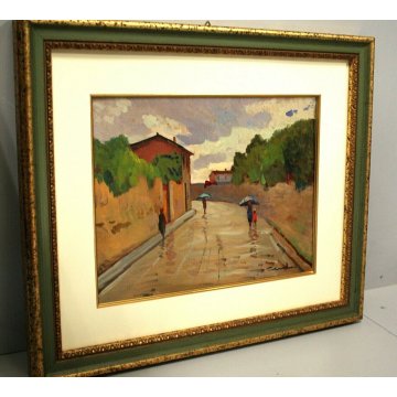 ANTICO QUADRO OLIO TAVOLA TOSCANA  TRAMONTO FIGURE PIOGGIA STRADA Pisa Livorno