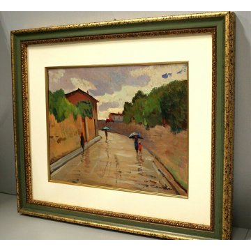 ANTICO QUADRO OLIO TAVOLA TOSCANA  TRAMONTO FIGURE PIOGGIA STRADA Pisa Livorno