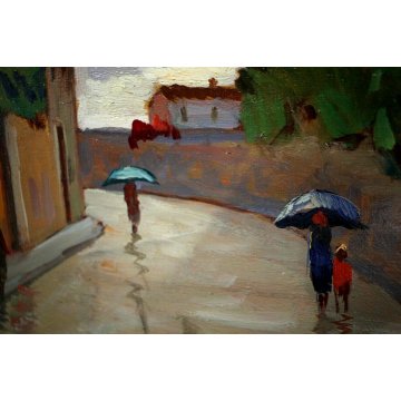 ANTICO QUADRO OLIO TAVOLA TOSCANA  TRAMONTO FIGURE PIOGGIA STRADA Pisa Livorno