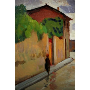 ANTICO QUADRO OLIO TAVOLA TOSCANA  TRAMONTO FIGURE PIOGGIA STRADA Pisa Livorno