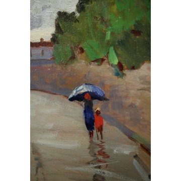 ANTICO QUADRO OLIO TAVOLA TOSCANA  TRAMONTO FIGURE PIOGGIA STRADA Pisa Livorno