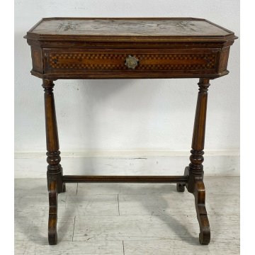 ANTICO TAVOLINO DA LAVORO INTARSIATO UN CASSETTO GAMBE TORNITE 1800 LEGNO NOCE