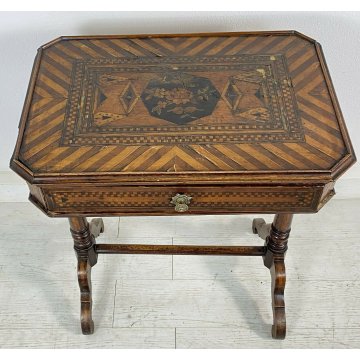 ANTICO TAVOLINO DA LAVORO INTARSIATO UN CASSETTO GAMBE TORNITE 1800 LEGNO NOCE