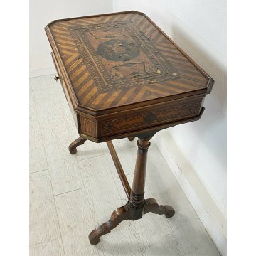 ANTICO TAVOLINO DA LAVORO INTARSIATO UN CASSETTO GAMBE TORNITE 1800 LEGNO NOCE