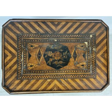 ANTICO TAVOLINO DA LAVORO INTARSIATO UN CASSETTO GAMBE TORNITE 1800 LEGNO NOCE