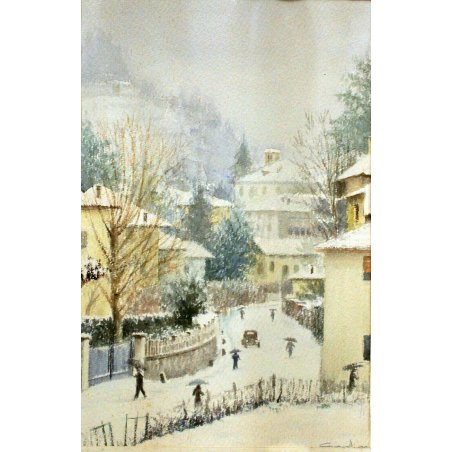 ANTICO ACQUERELLO G. Gagliardi PAESAGGIO INVERNALE NEVE ARONA LAGO MAGGIORE 1950