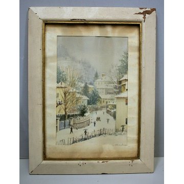ANTICO ACQUERELLO G. Gagliardi PAESAGGIO INVERNALE NEVE ARONA LAGO MAGGIORE 1950