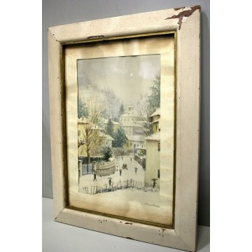 ANTICO ACQUERELLO G. Gagliardi PAESAGGIO INVERNALE NEVE ARONA LAGO MAGGIORE 1950