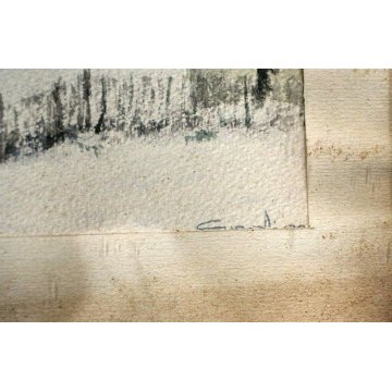 ANTICO ACQUERELLO G. Gagliardi PAESAGGIO INVERNALE NEVE ARONA LAGO MAGGIORE 1950
