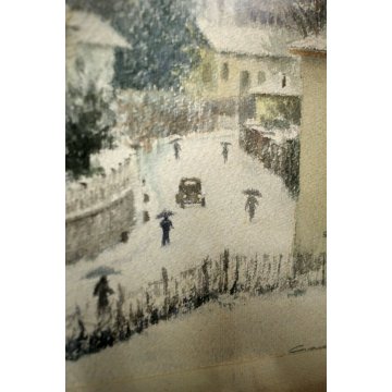 ANTICO ACQUERELLO G. Gagliardi PAESAGGIO INVERNALE NEVE ARONA LAGO MAGGIORE 1950