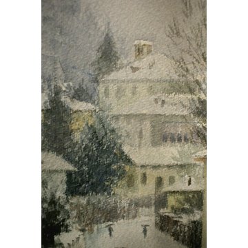 ANTICO ACQUERELLO G. Gagliardi PAESAGGIO INVERNALE NEVE ARONA LAGO MAGGIORE 1950