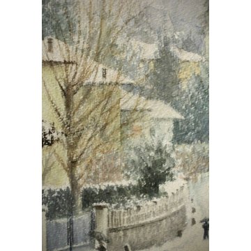 ANTICO ACQUERELLO G. Gagliardi PAESAGGIO INVERNALE NEVE ARONA LAGO MAGGIORE 1950