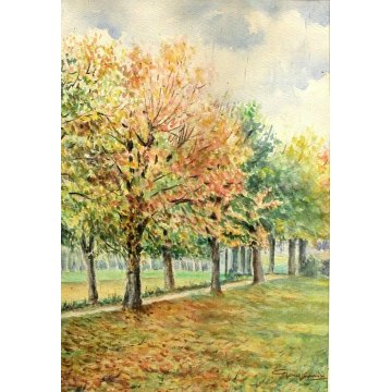 ANTICO ACQUERELLO G.Gagliardi PAESAGGIO AUTUNNALE ARONA MERCORAGO LAGO MAGGIORE 
