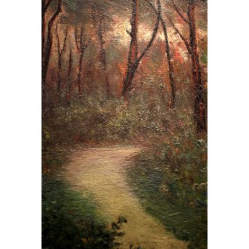 ANTICO QUADRO OLIO PAESAGGIO TOSCANO SENTIERO RADURA PINETA TRAMONTO MAREMMA 900